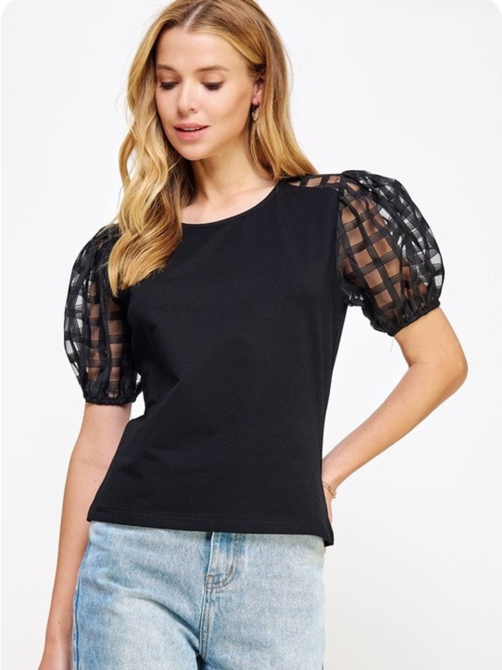 Strut & Bolt Black Top with Windowpane Organza Puff Sleeves